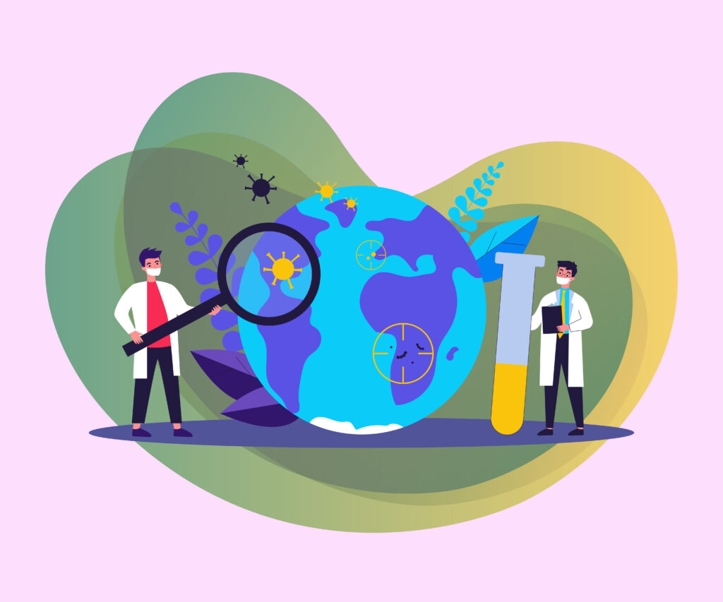 tiny doctors studying viruses flat vector illustration. physicia