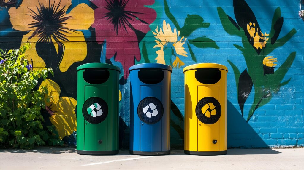 colorful green blue yellow recycling bins front vibrant mural featuring large floral d colorful green blue yellow recycling bins front vibrant mural featuring large floral d