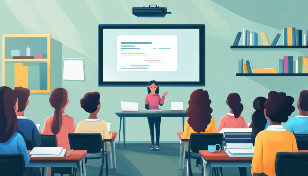 female presenter giving presentation classroom students