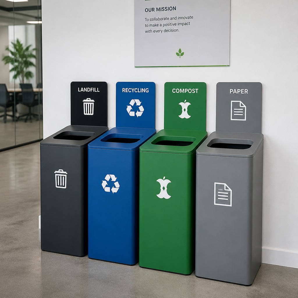 Properly categorized office recycling bins for paper, plastic, and compost